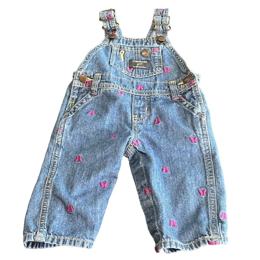 OshKosh B'gosh Vestbak Girls Denim Overalls 6Months Embroidered Pink Butterflies